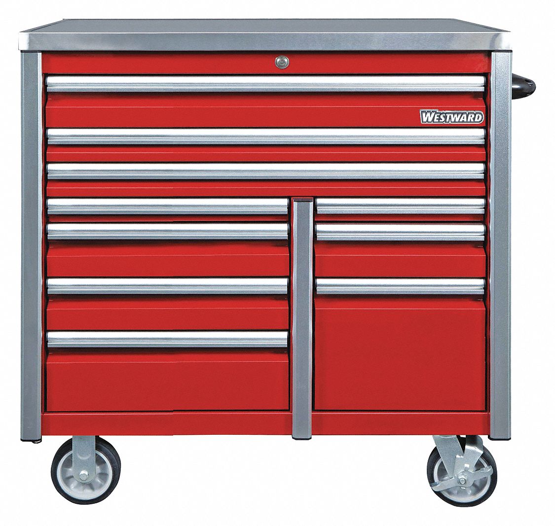 ROLLING CABINET,42"W,RED,10 DRAWER