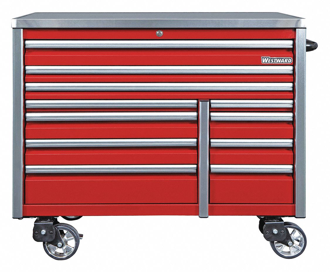 ROLLING CABINET,54"W,RED,11 DRAWER