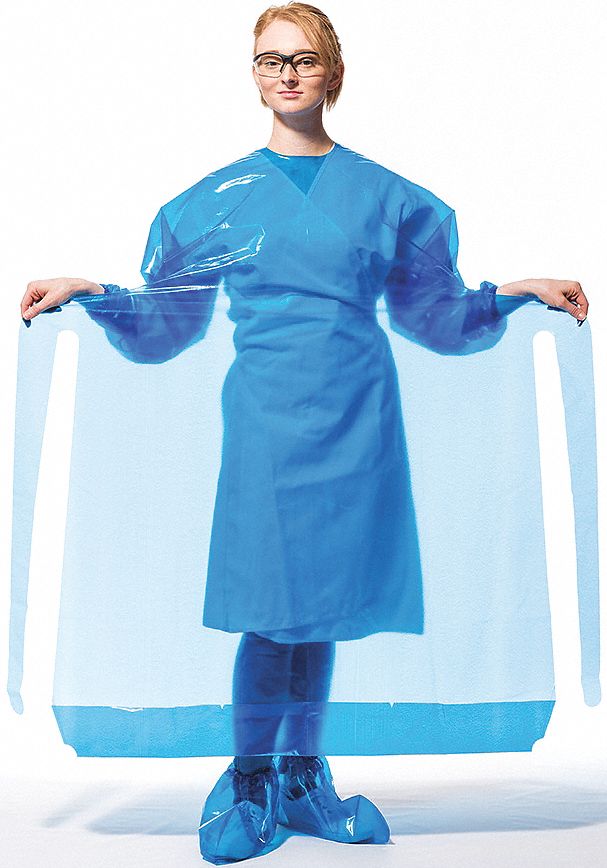 Gown: Elastic, Partially Open Back, Polyolefin, Blue, L, Tie, 50 PK