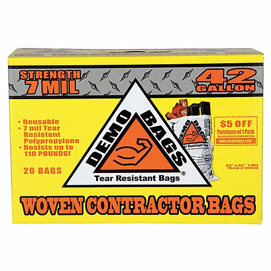 Trash Bags: 42 gal Capacity, 30 in Wd, 48 1/2 in Ht, 9 mil Thick, White, Flat Pack, 20 PK
