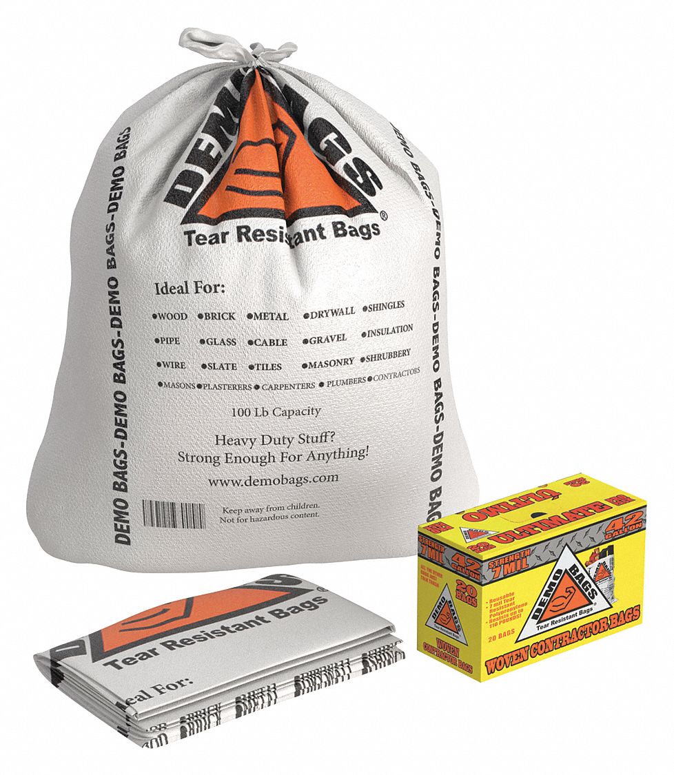 Trash Bags: 42 gal Capacity, 30 in Wd, 48 1/2 in Ht, 9 mil Thick, White, Flat Pack, 20 PK