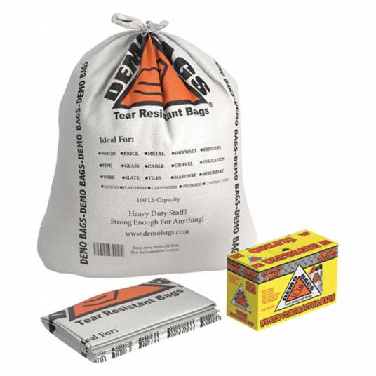 DEMOBAGS Trash Bags: 42 gal Capacity, 30 in Wd, 48 1/2 in Ht, 9 mil Thick,  White, Flat Pack, 20 PK
