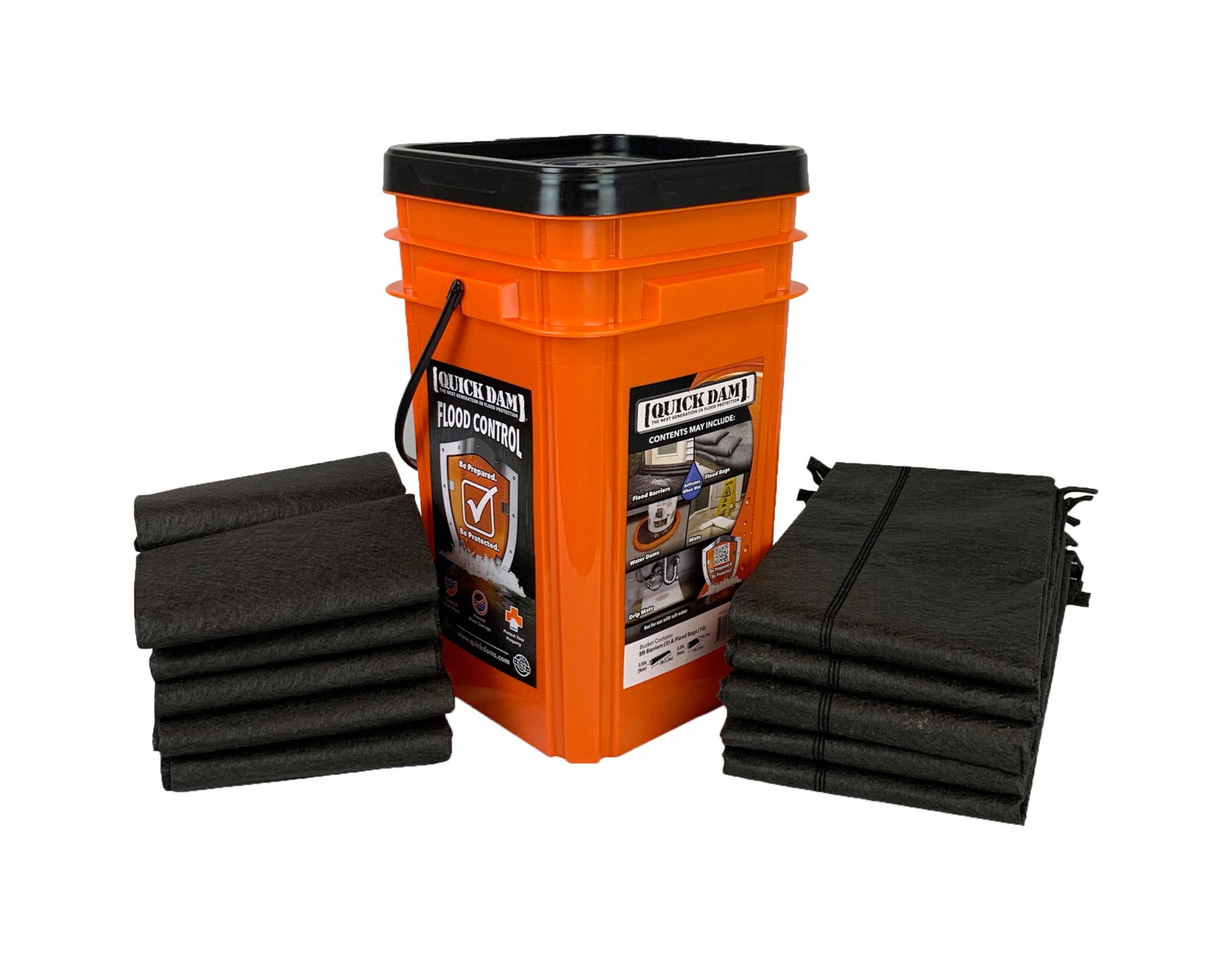 Quick Dam Grab; Go Flood Kit Includes 5- 5ft Flood Barriers/10 Flood Bags in Bucket