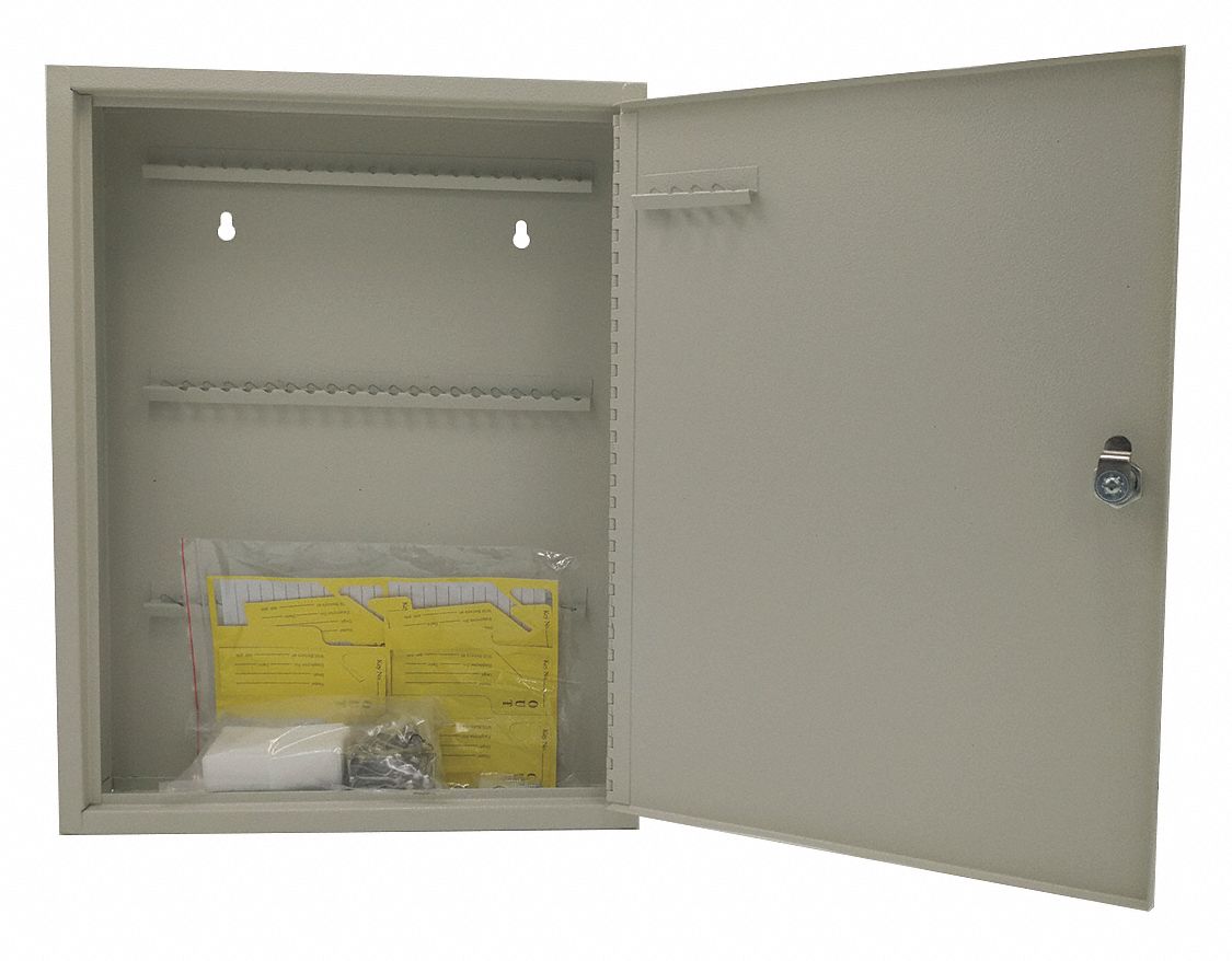 KEY BOX, 64 KEY CAPACITY, SINGLE KEY LOCK, STEEL, BEIGE, 17 IN H, 13 IN W, 3&frac14; IN D, WALL MOUNT