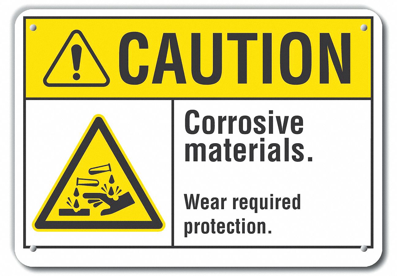 Reflective  Corrosive Materials Caution Sign: Aluminum, Mounting Holes Sign Mounting, Engineer Grade
