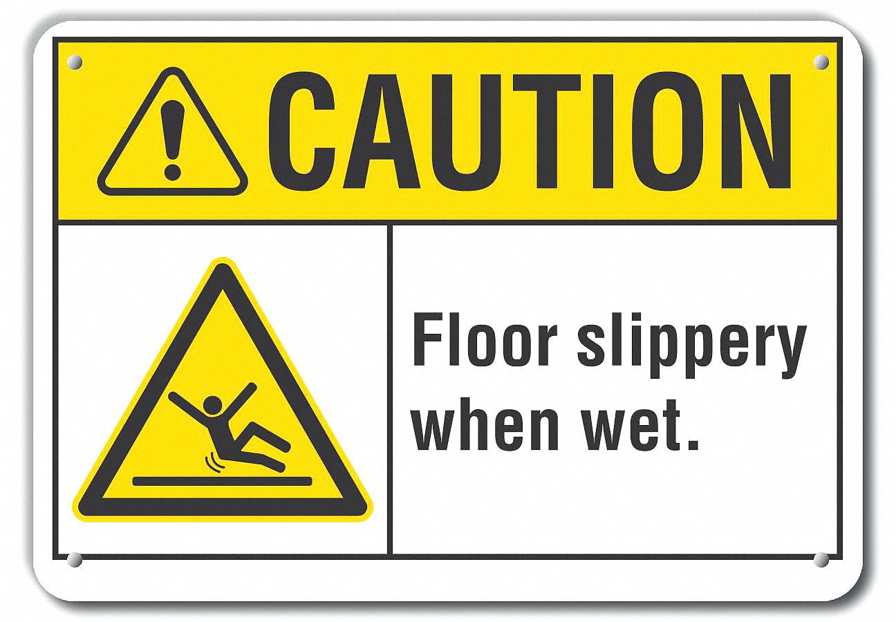 Reflective  Slippery Floor Caution Sign: Aluminum, Mounting Holes Sign Mounting, Engineer Grade