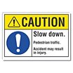 Caution: Slow Down Pedestrian Traffic. Accident May Result In Injury. Signs image