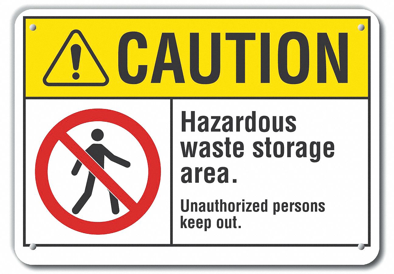 REFLECTIVE HAZARDOUS WASTE CAUTION SIGN, AL, HOLE MOUNT, ENGINEER GRADE, 10X14IN, HAZARDOUS WASTE STORAGE AREA. UNAUT...