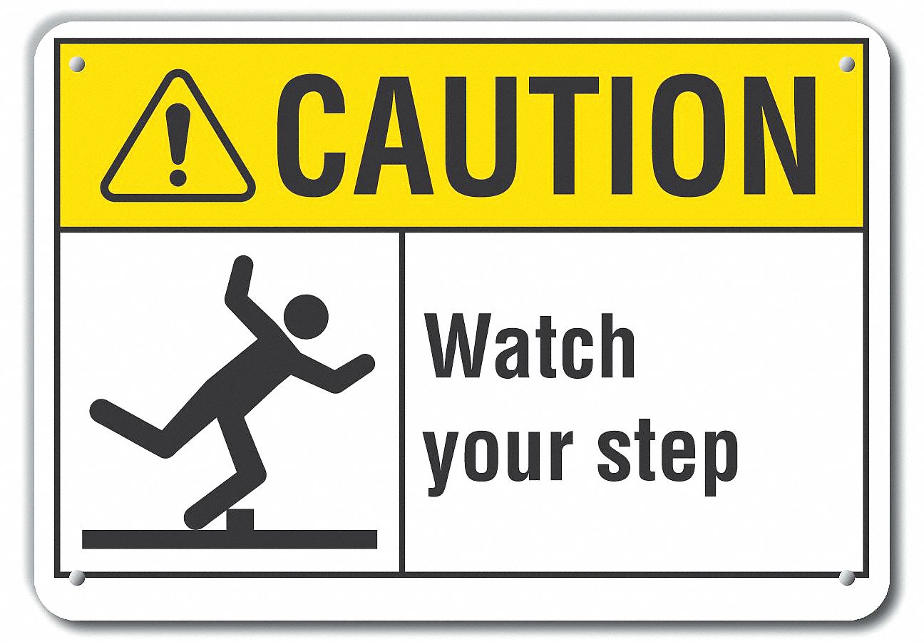 Reflective  Steps Caution Sign: Aluminum, Mounting Holes Sign Mounting, Engineer Grade, Caution