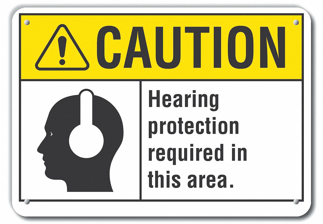 REFLECTIVE HEARING CAUTION SIGN, ALUMINUM, HOLE MOUNT, ENGINEER GRADE, 10X14IN, HEARING PROTECTION REQUIRED IN THIS AREA