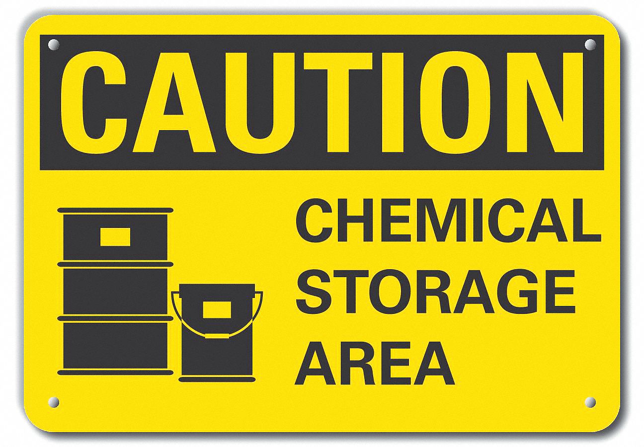 REFLECTIVE CHEMICALS CAUTION SIGN, ALUMINUM, MOUNTING HOLES, ENGINEER GRADE, CAUTION, 7 X 10 IN, CHEMICAL STORAGE AREA