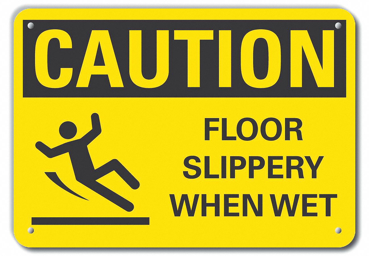 REFLECTIVE SLIPPERY FLOOR CAUTION SIGN, ALUMINUM, MOUNTING HOLES, ENGINEER GRADE, 7 IN X 10 IN, FLOOR SLIPPERY WHEN WET