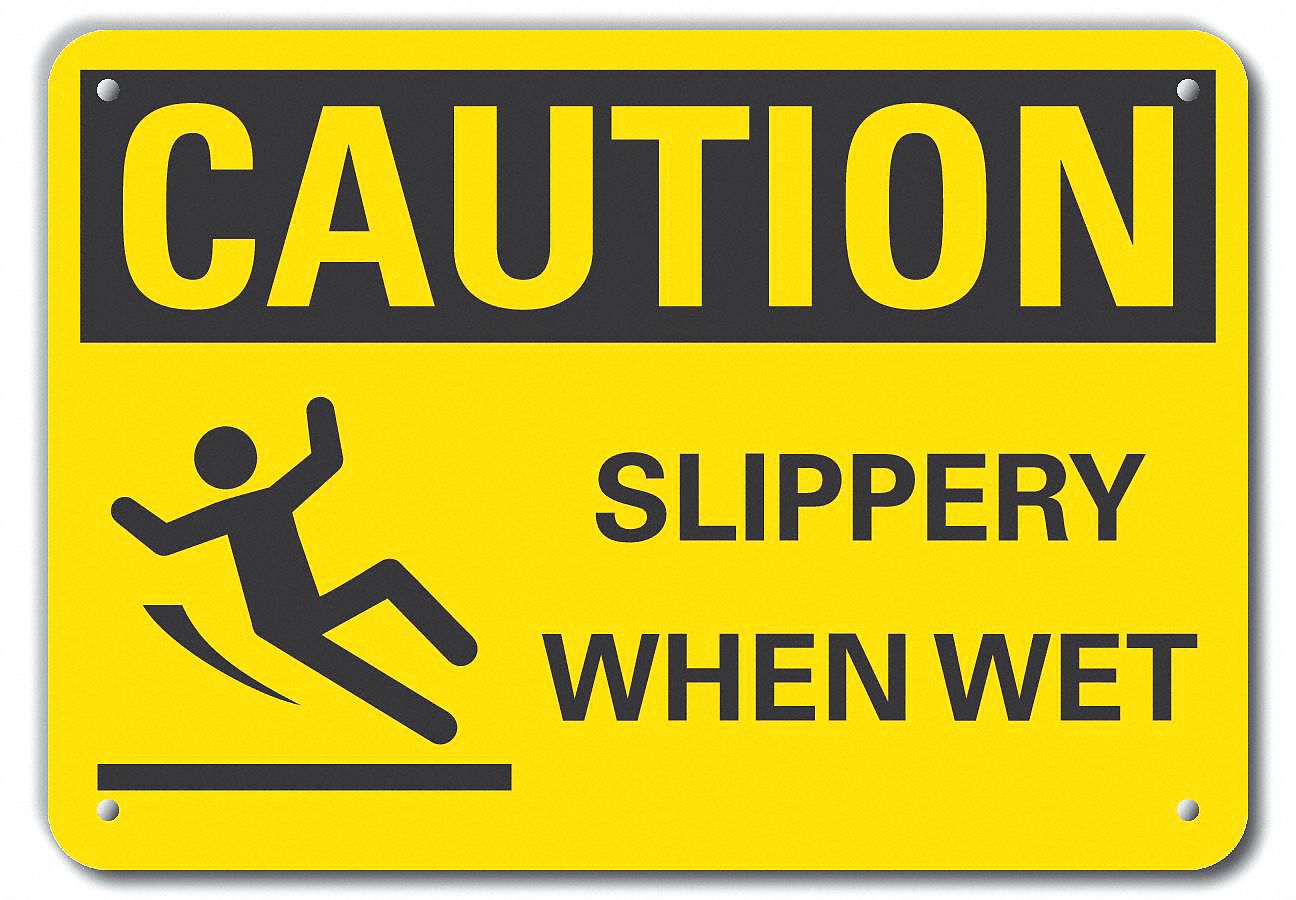 REFLECTIVE SLIPPERY FLOOR CAUTION SIGN, ALUMINUM, MOUNTING HOLES, ENGINEER GRADE, 7 IN X 10 IN, SLIPPERY WHEN WET