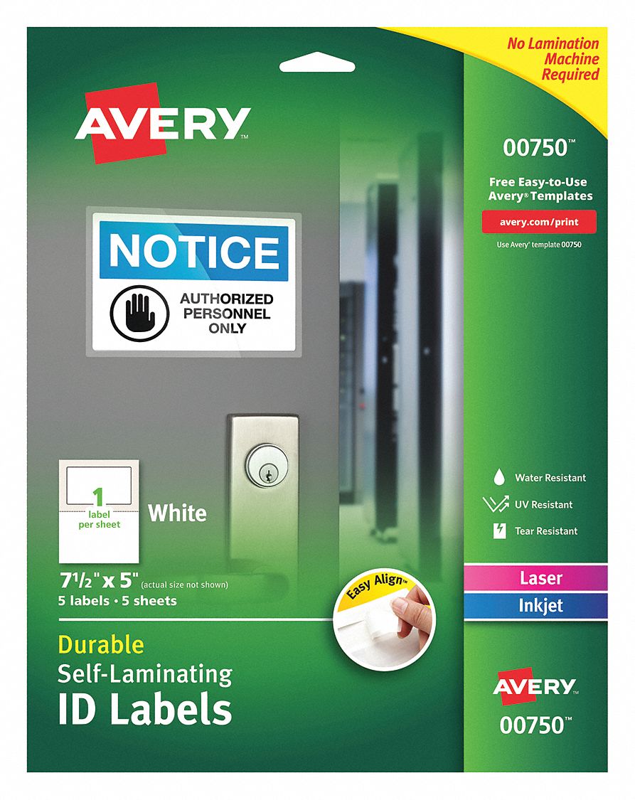 AVERY, 5, PK, SelfLaminating Label 49VT437278200750 Grainger