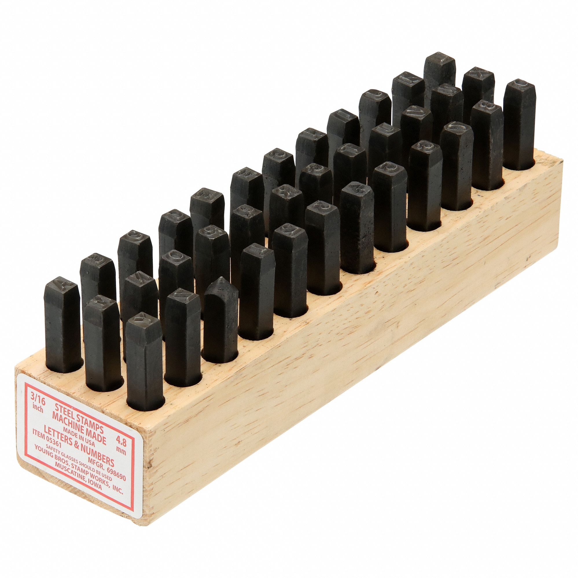 Hand Stamp Kit: 3/16 in Character Ht, 2 7/16 in Shank Lg, Steel