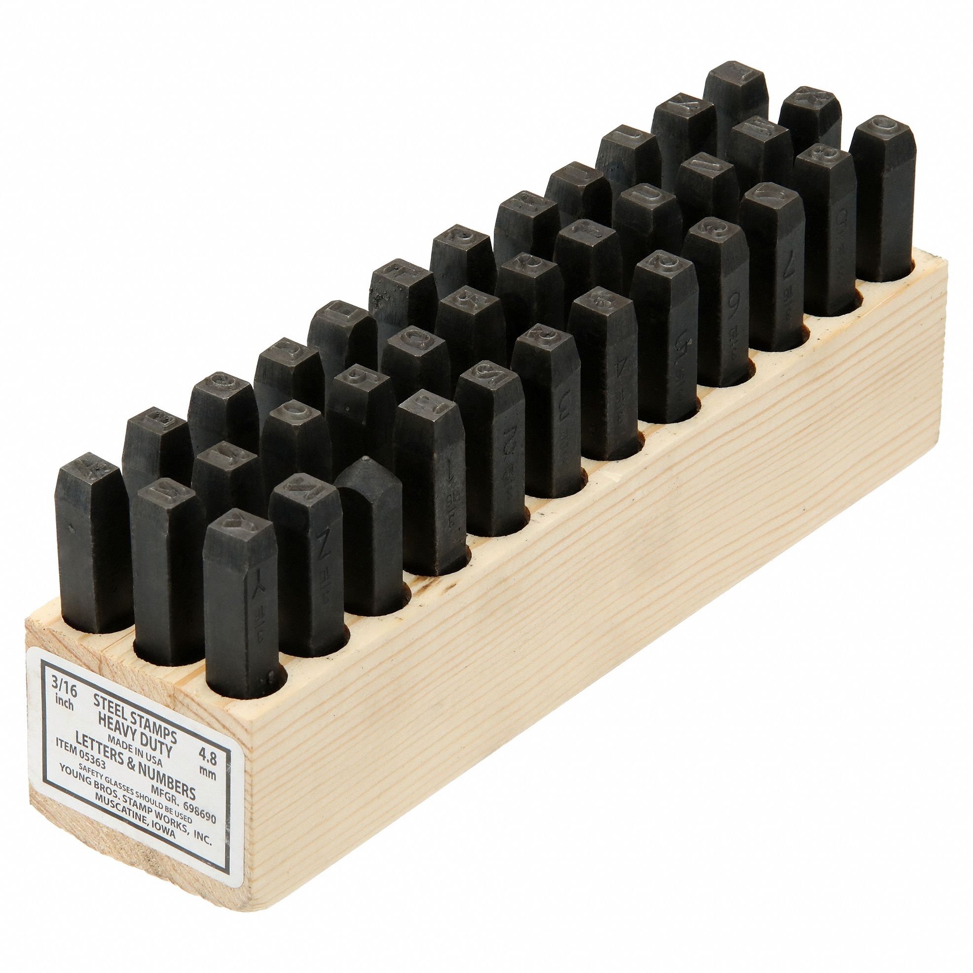 Hand Stamp Kit: 3/16 in Character Ht, 2 3/4 in Shank Lg, Steel, Sharp-Face