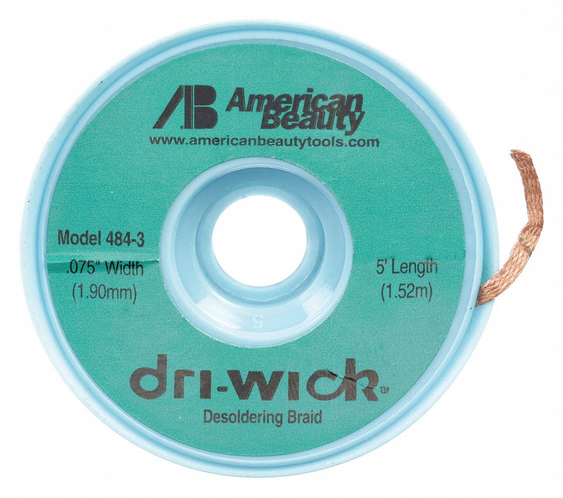 Desoldering Braid: Rosin Flux, # 3, 0.08 in, 5 ft, Green, ESD-Safe, 25 PK