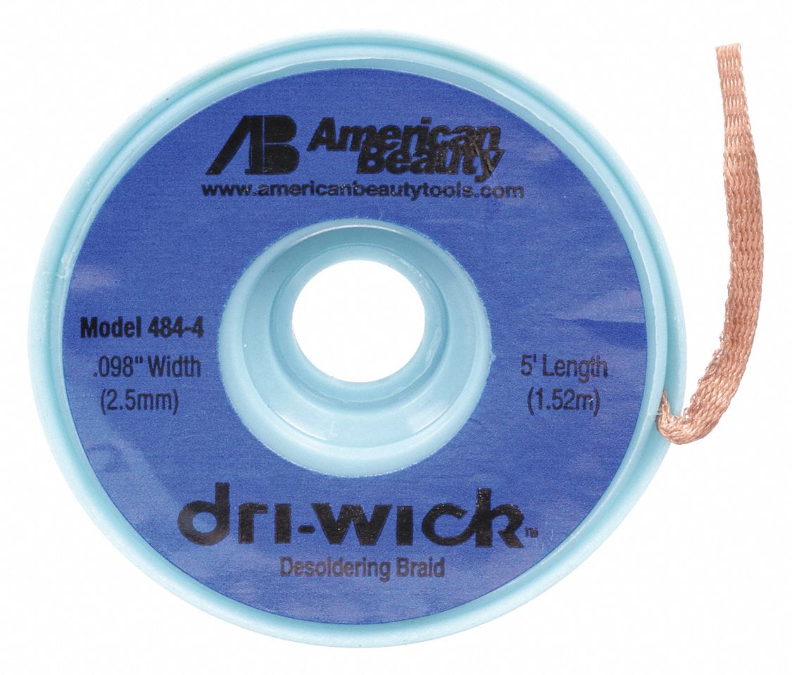 Desoldering Braid: Rosin Flux, # 4, 0.08 in, 5 ft, Blue, ESD-Safe, 25 PK