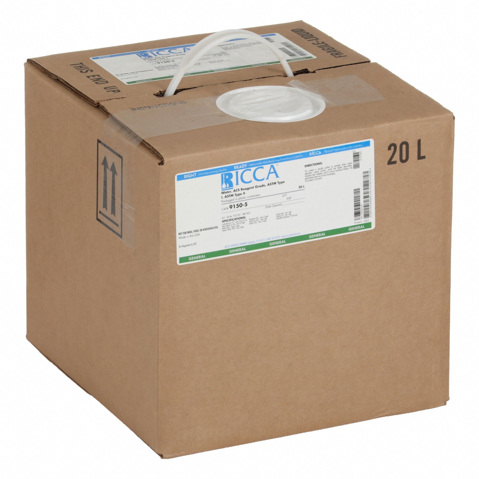 Water - ASTM Type 1: 20 L Volume, Liquid, 1, Box, Plastic, 7732-18-5, Reagent, H2O, 1