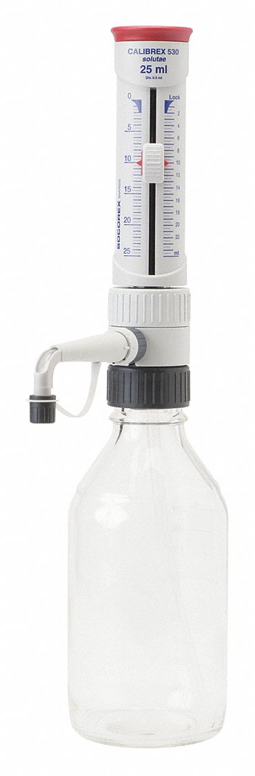 Glass Bottle Top Dispenser: 25 mL Capacity - mL, 1 mL Graduation Increments - mL