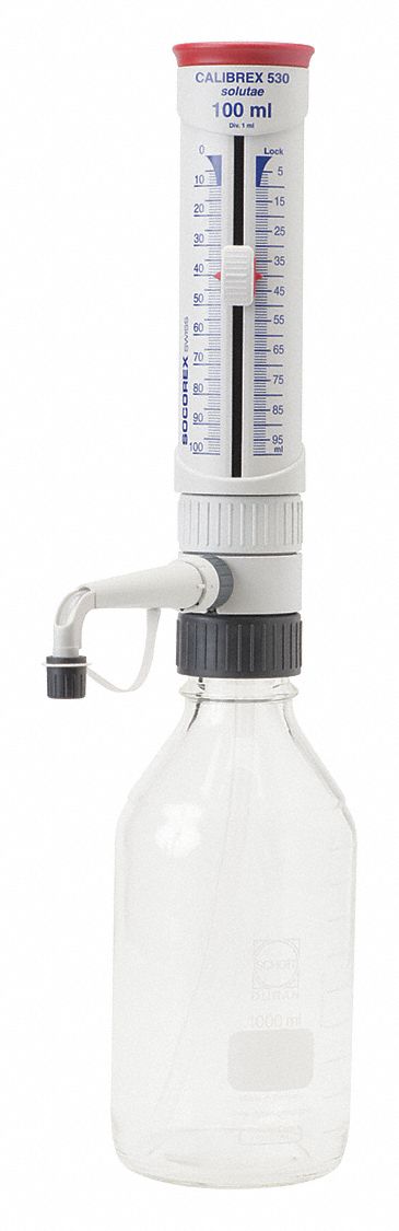 Glass Bottle Top Dispenser: 100 mL Capacity - mL, 1 mL Graduation Increments - mL