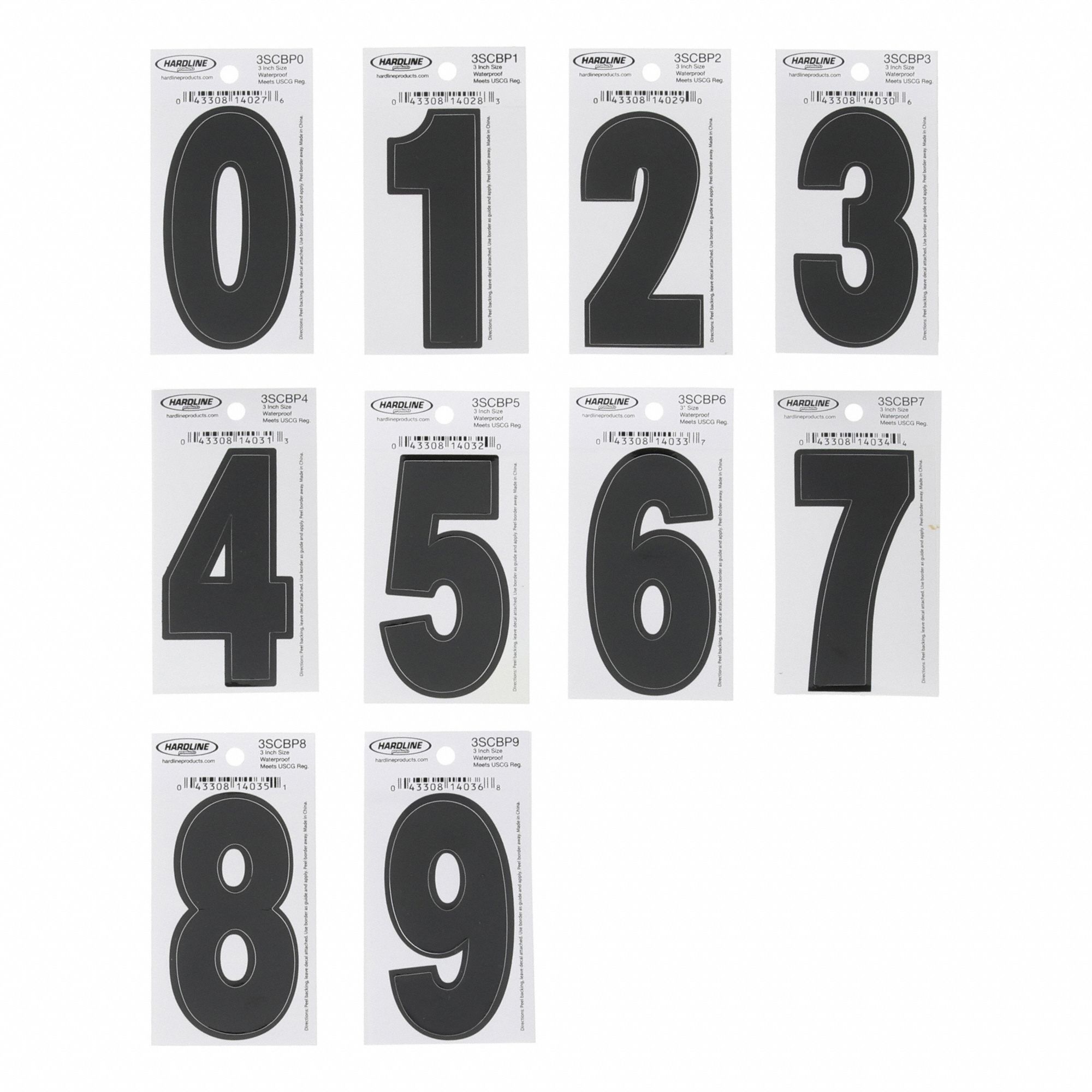 Number Label Set: 3 in Character Ht, Indoor/Outdoor, Non-Reflective, Dyer, Black, 0 to 9, 100 PK