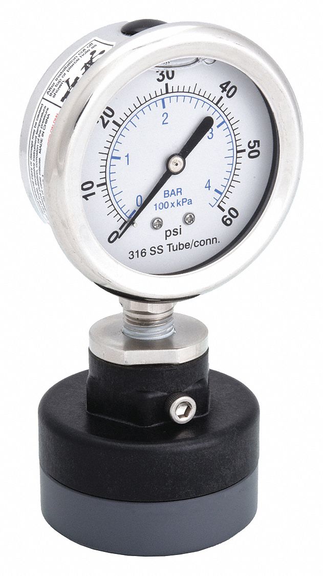 Pressure Gauge with Diaphragm Seal: 0 psi to 60 psi, KC301, 2 1/2 in Dial, PTFE, PVC, Bottom