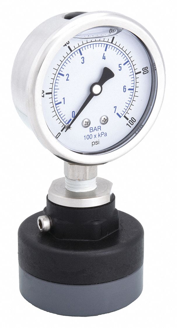 Pressure Gauge with Diaphragm Seal: 0 psi to 100 psi, KC301, 2 1/2 in Dial, PTFE, PVC, Bottom