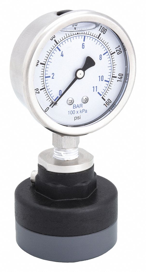Pressure Gauge with Diaphragm Seal: 0 psi to 160 psi, KC301, 2 1/2 in Dial, PTFE, PVC, Bottom