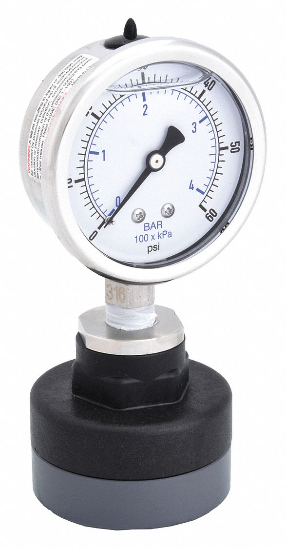 Pressure Gauge with Diaphragm Seal: 0 psi to 60 psi, KC301, 2 1/2 in Dial, PTFE, PVC, Bottom