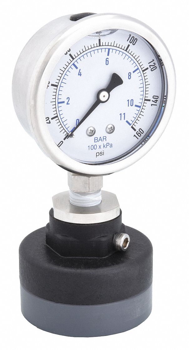 Pressure Gauge with Diaphragm Seal: 0 psi to 160 psi, KC301, 2 1/2 in Dial, PTFE, PVC, Bottom