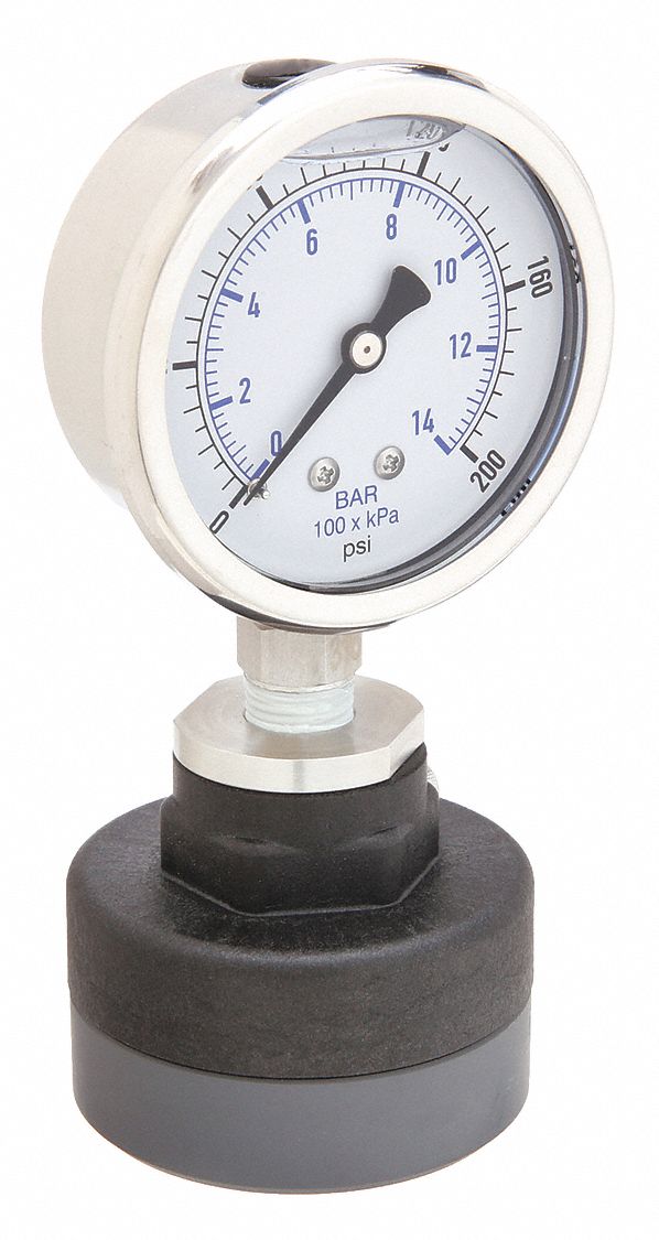 Pressure Gauge with Diaphragm Seal: 0 psi to 200 psi, KC301, 2 1/2 in Dial, PTFE, PVC, Bottom