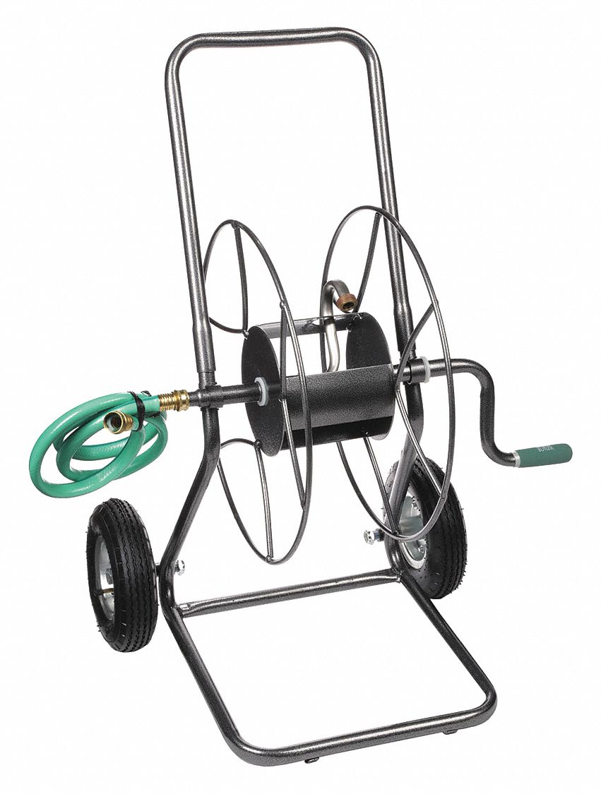Garden Hose Reel: 200 ft (5/8 in I.D.), 18 in Reel Dia, Gray, 2 Wheels, 150 psi Max Op Pressure