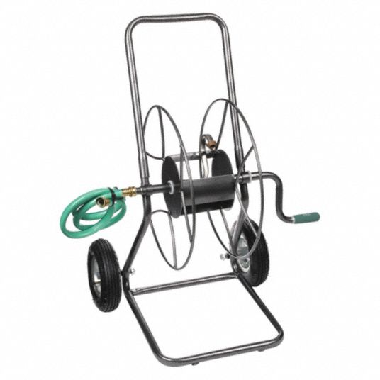 Garden Hose Reel: 200 ft (5/8 in I.D.), 18 in Reel Dia, Gray, 2 Wheels, 150  psi Max Op Pressure