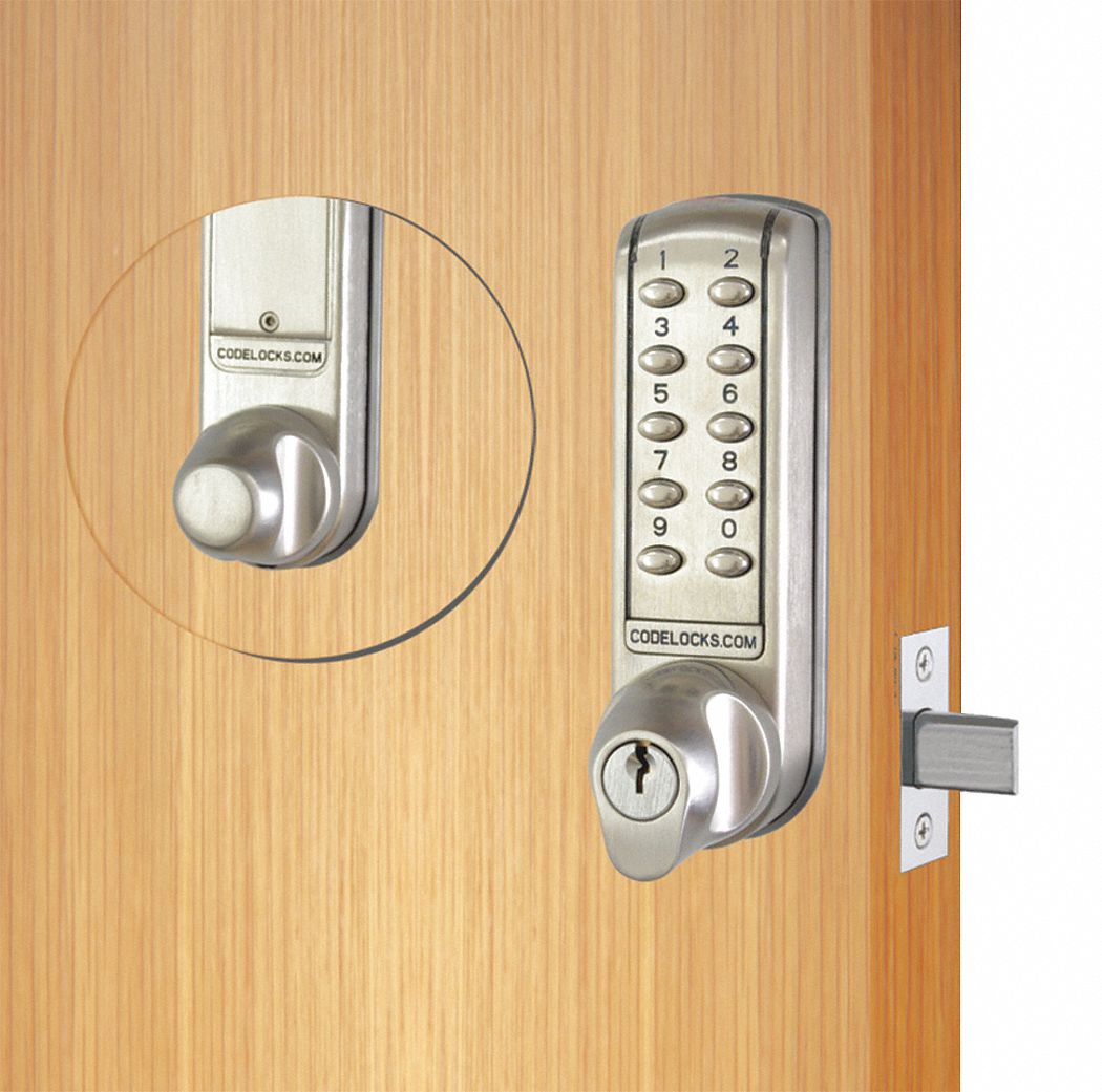 CODELOCKS Electronic Key Lock, 23/4 in Backset, Vertical, Brushed Steel, 23/4 in Latch Length