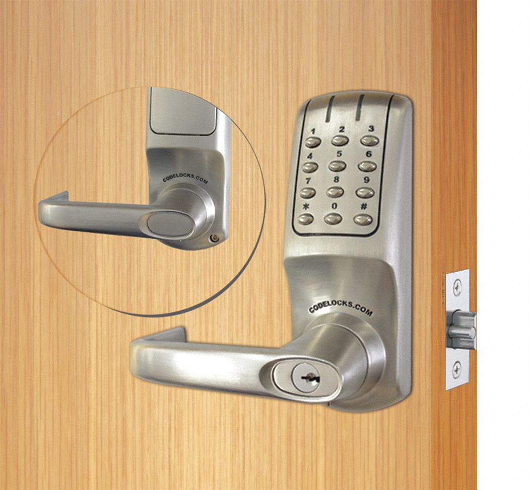 CODELOCKS Electronic Key Lock, 23/4 in Backset, Vertical, Brushed Steel, 23/4 in Latch Length