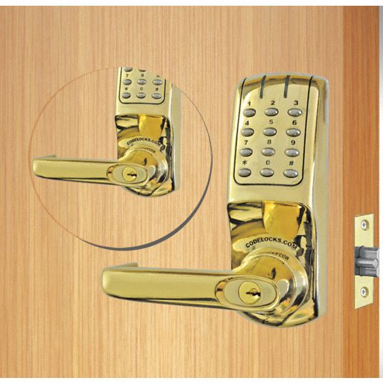 CODELOCKS Electronic Key Lock, 23/4 in Backset, Vertical, Polished Brass, 23/4 in Latch Length