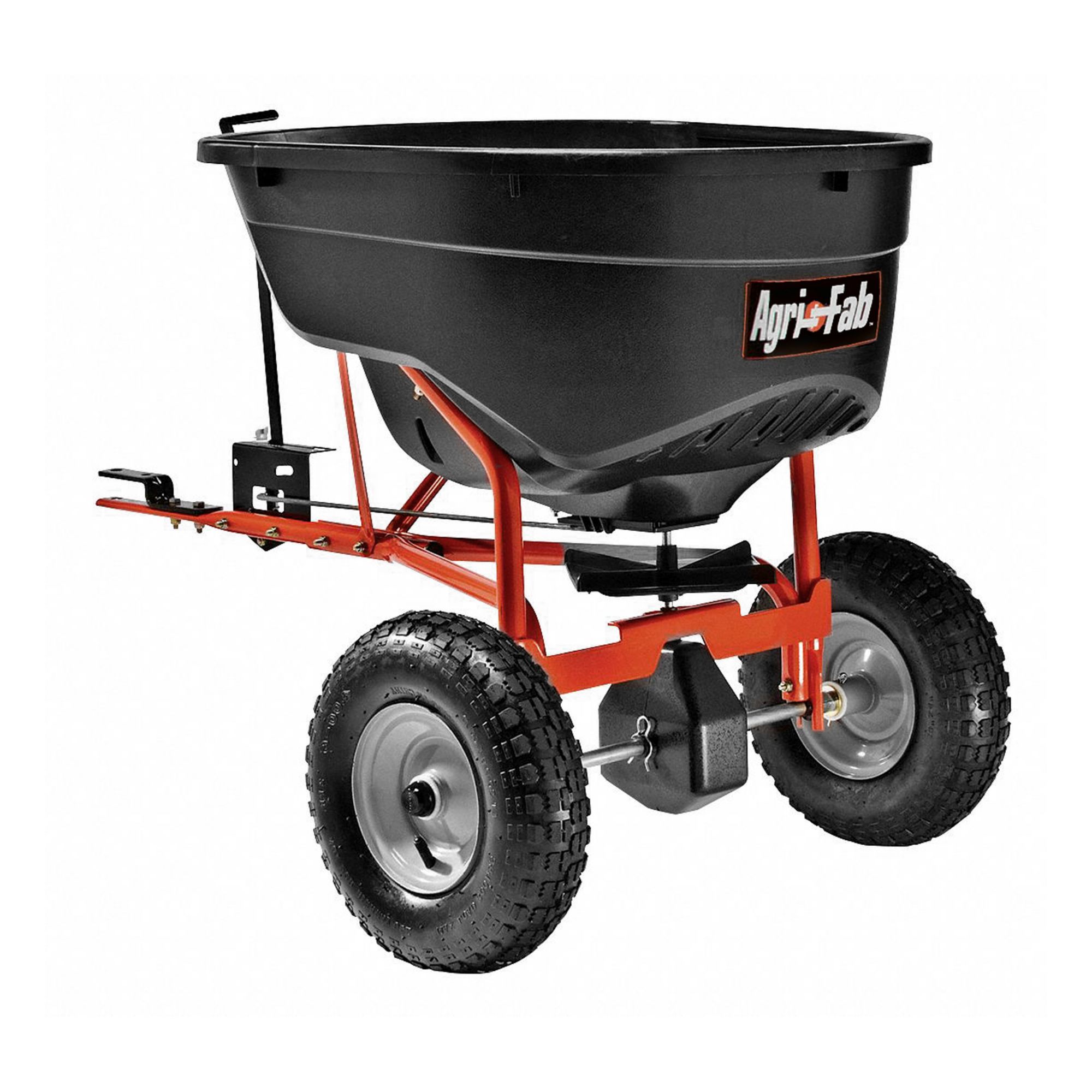 Tow-Behind Spreader: 130 lb Capacity, 10 ft Spread Wd, Polyethylene Hopper, Steel Frame