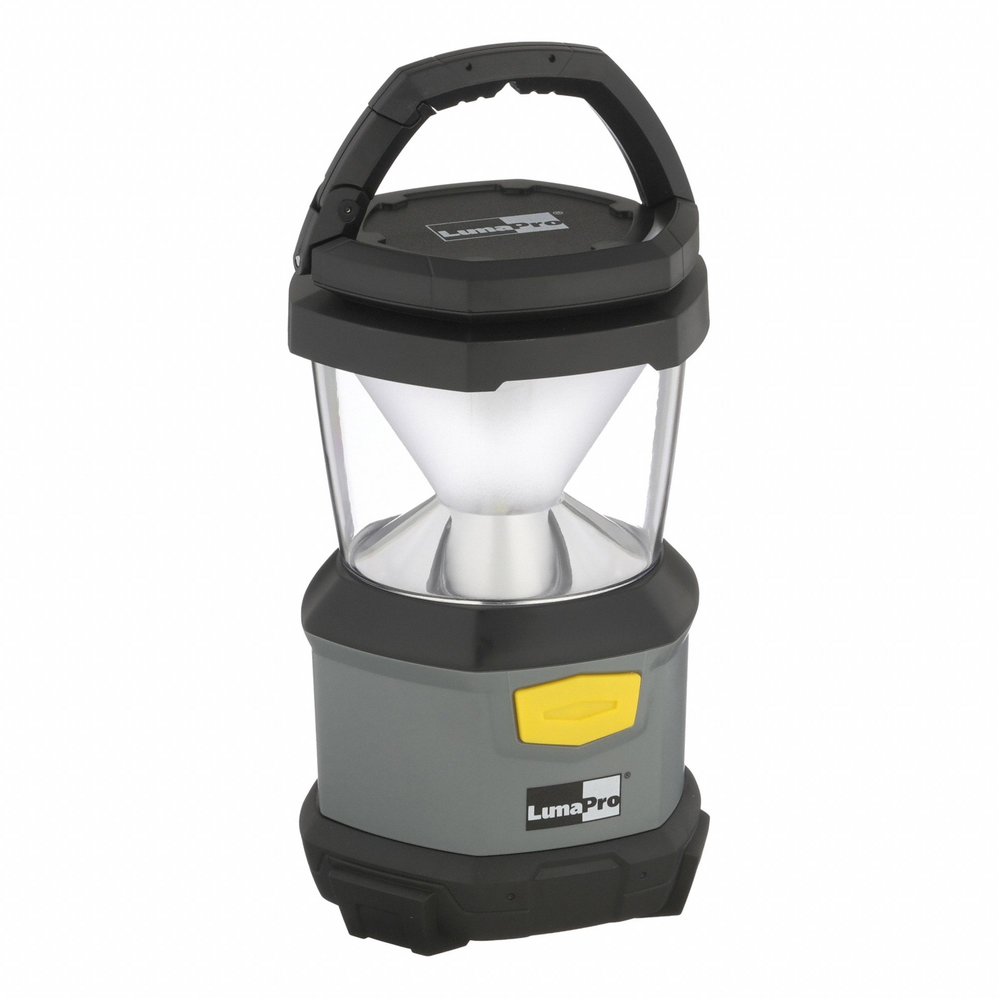 Lantern: 400 lm Max., 28 hr Run Time at Max. Brightness, 14 m Max Beam, Flood Beam, Plastic, Gray (MPN 49XX89). Key specifications — Includes: Carabiner; Brand: LUMAPRO; Battery Requirements - Broad: Requires D.