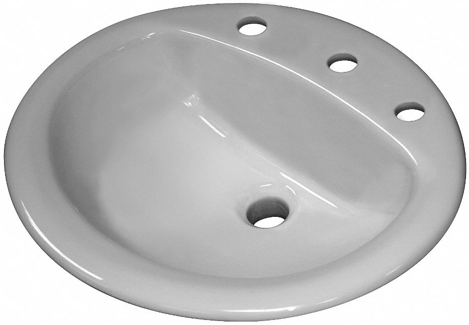 Bathroom Sink: White, Vitreous China, 20 in Overall Lg, 17 in Overall Wd, 3 Faucet Holes, SS