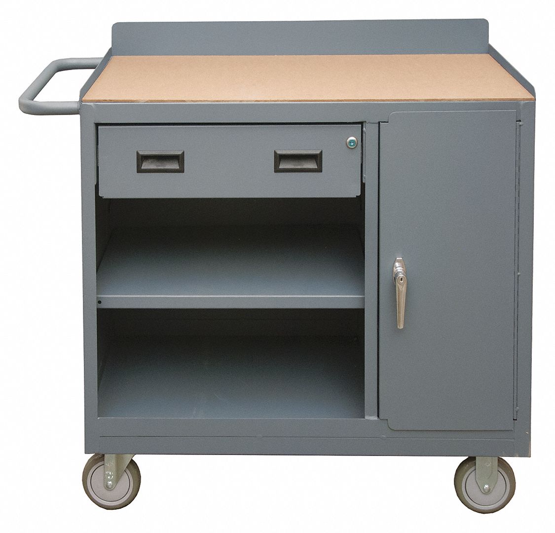 MOBILE CABINET WORKBENCH, 42 IN X 18 IN, HARDBOARD, 1,200 LB OVERALL LOAD CAPACITY, GREY