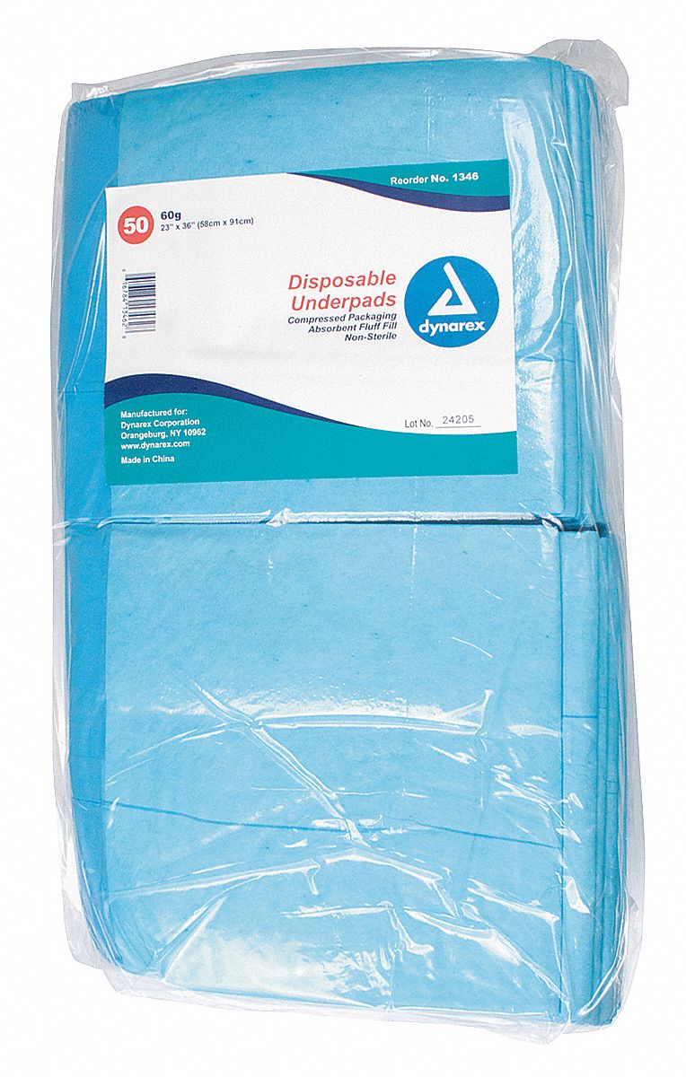 DYNAREX, 23 in x 36 in Size, White/Blue, Disposable Underpads 49Y719