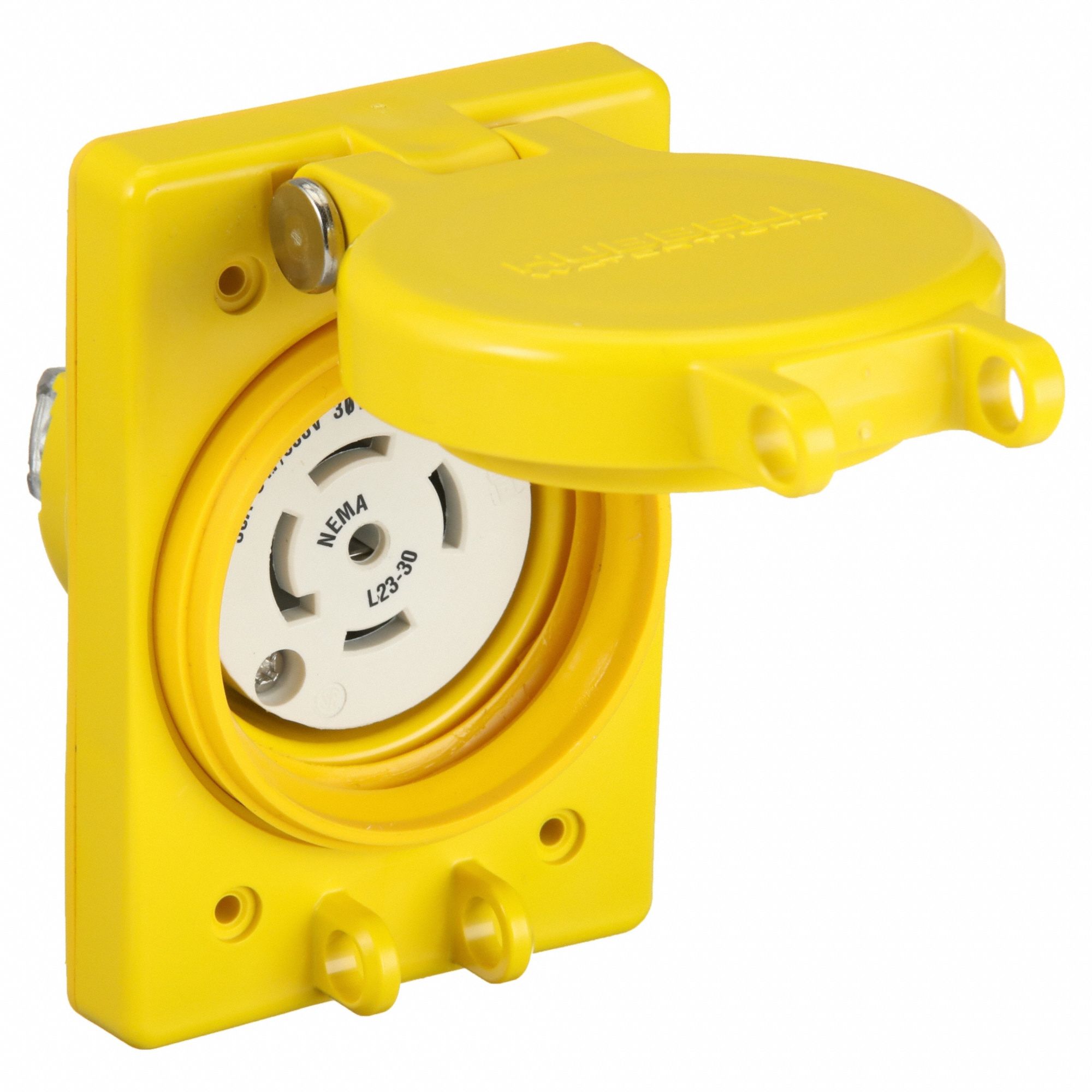 Watertight Locking Receptacle: L23-30R, Flanged, 30 A, 347/600V AC, 4 Poles, Yellow, Shrouded