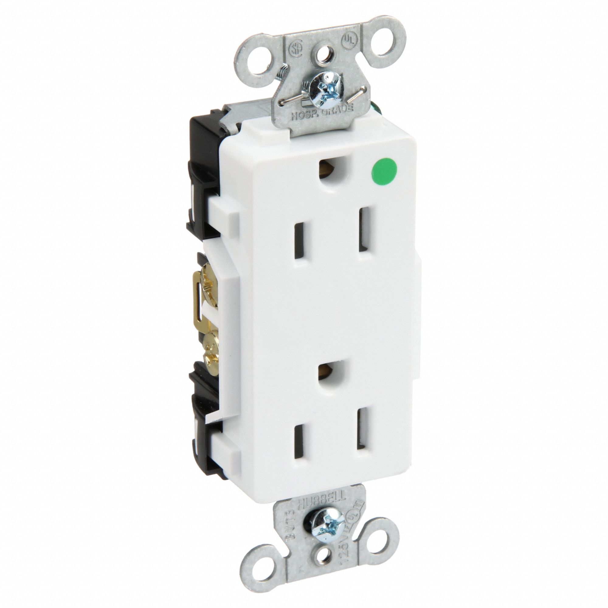 RECEPTACLE, DECORATOR DUPLEX, 5-15R, 15 A, 125V AC, WHITE, 2 POLE/3 WIRE POLES AND WIRES