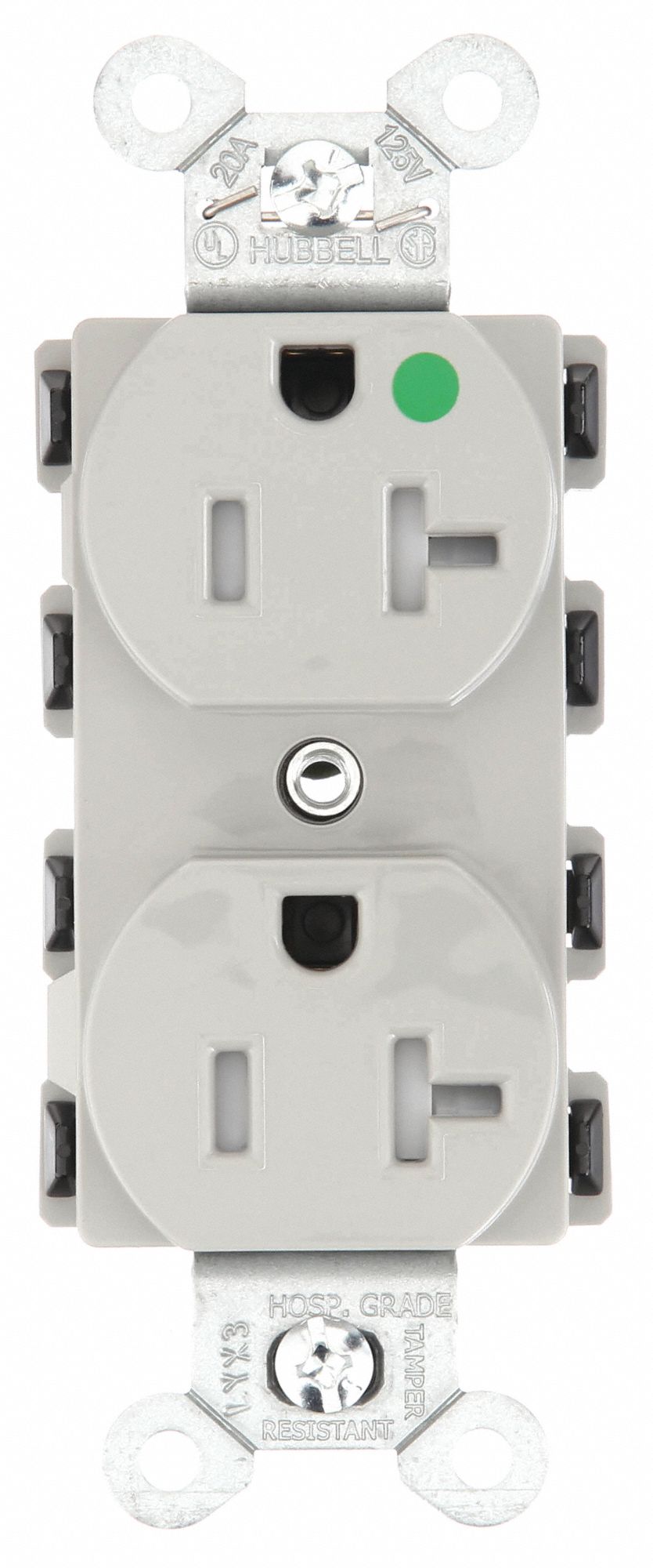 Receptacle: Duplex, 5-20R, 20 A, 125V AC, Gray, 2 Pole / 3 Wire Poles & Wires, Gen Purpose