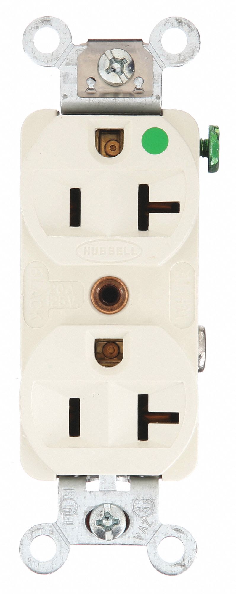 RECEPTACLE, 5-20R, 20 A, 125V AC, LIGHT ALMOND, 2 POLE/3 WIRE POLES AND WIRES
