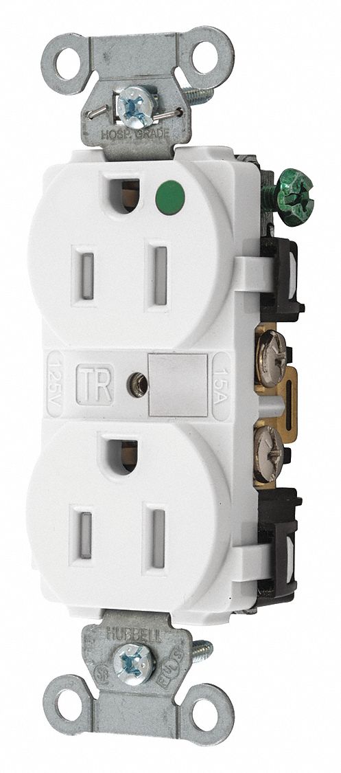 RECEPTACLE, DUPLEX, 5-15R, 15 A, 125V AC, WHITE, 2 POLE/3 WIRE POLES AND WIRES