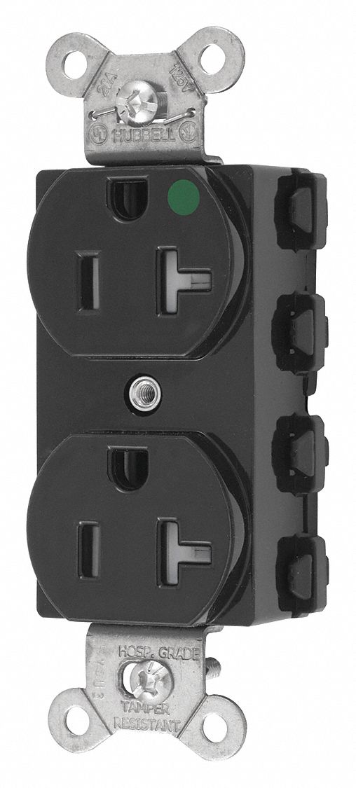 Receptacle: Duplex, 5-20R, 20 A, 125V AC, Black, 2 Pole / 3 Wire Poles & Wires, Gen Purpose