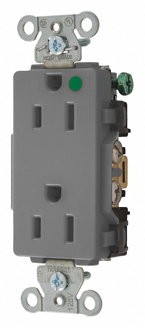 Receptacle: Decorator Duplex, 5-15R, 15 A, 125V AC, Gray, 2 Pole / 3 Wire Poles & Wires