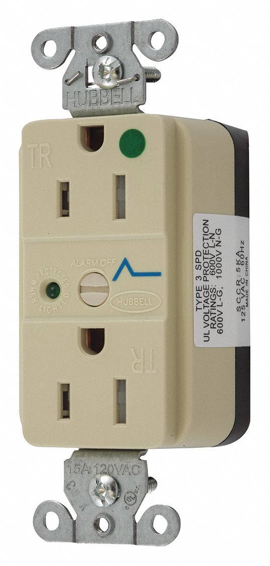 Receptacle: Duplex, 5-15R, 15 A, 125V AC, Ivory, 2 Pole / 3 Wire Poles & Wires, Gen Purpose